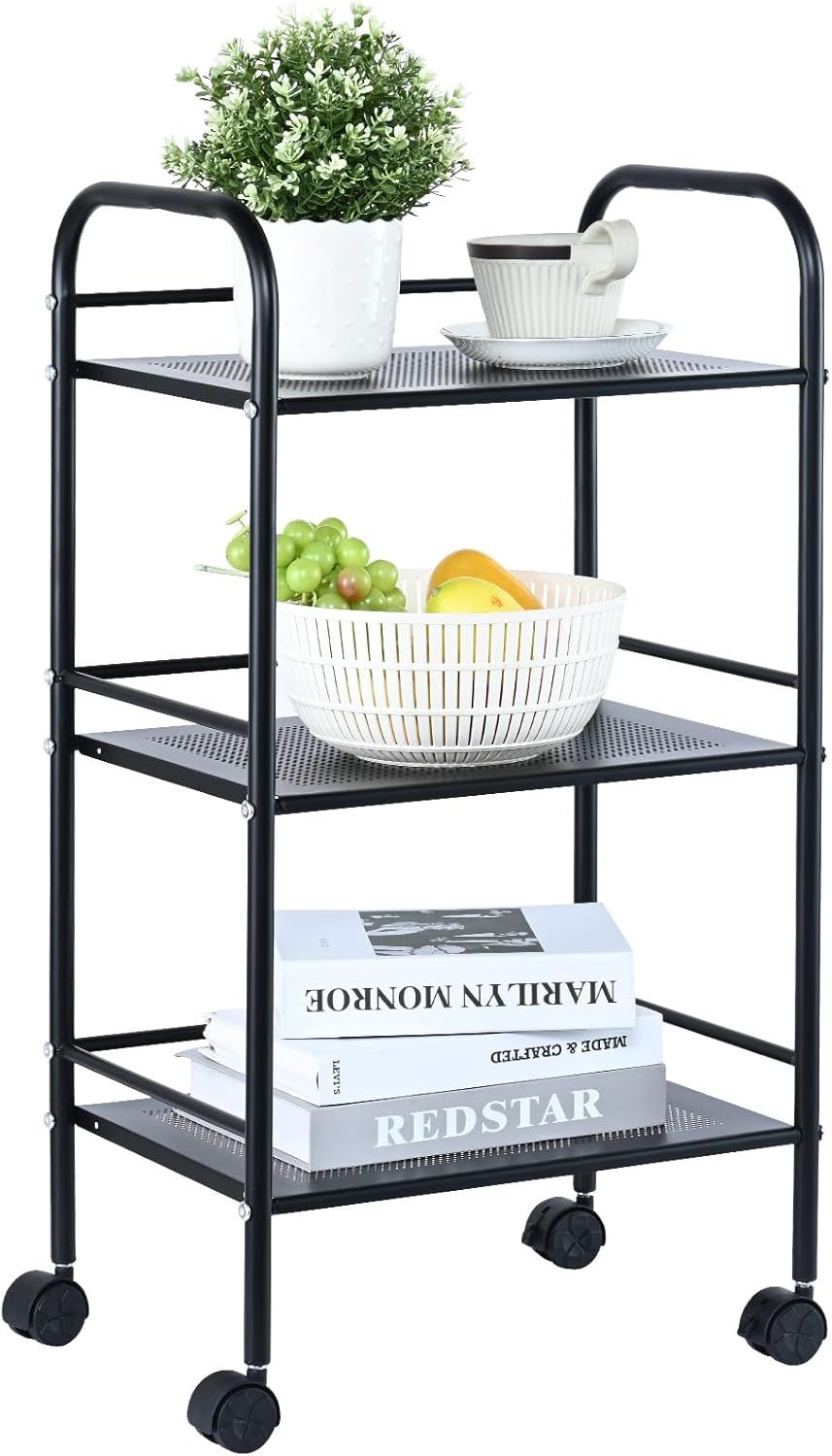 Heavy Duty Black Metal 3-Tier Rolling Utility Cart