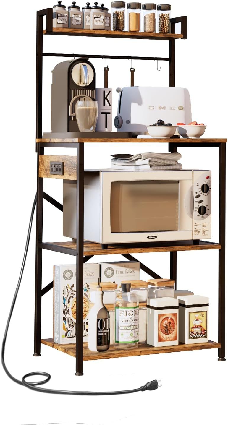 Rustic Brown 5-Tier Bakers Rack with Power Outlet