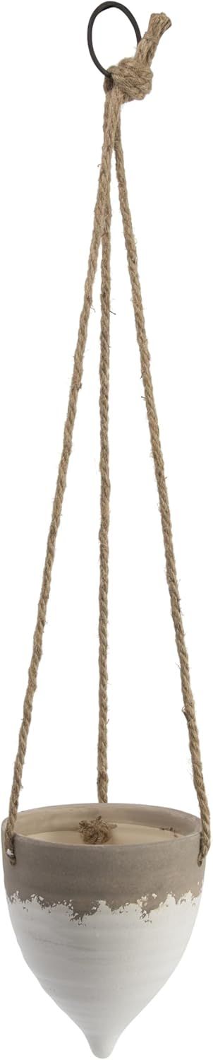 White and Brown Ceramic Hanging Planter with Jute Rope