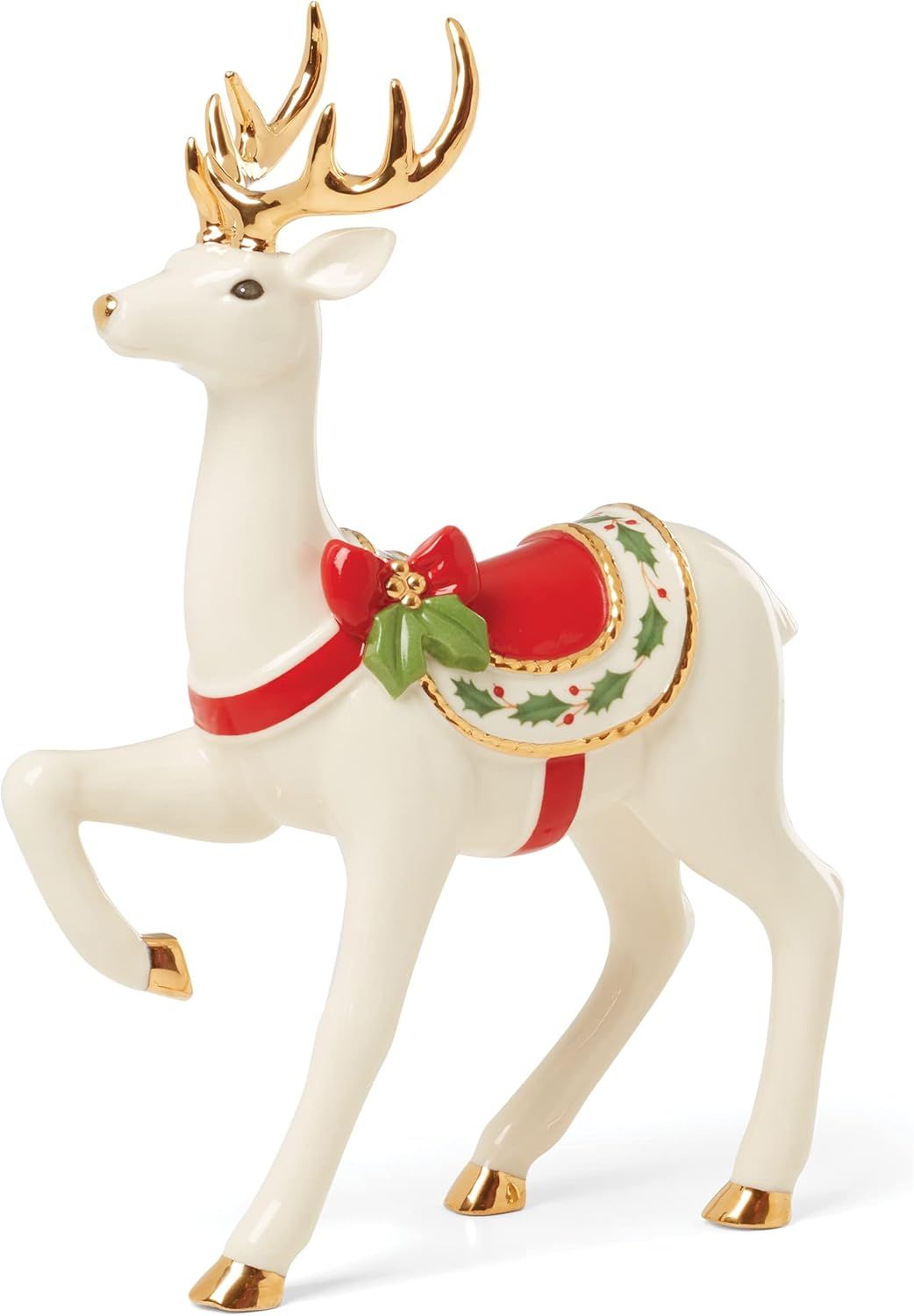 Porcelain Reindeer Figurine with Gold Accents and Holly Saddle