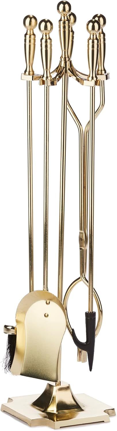 Polished Brass 5-Piece Fireplace Tool Set with Steel Construction