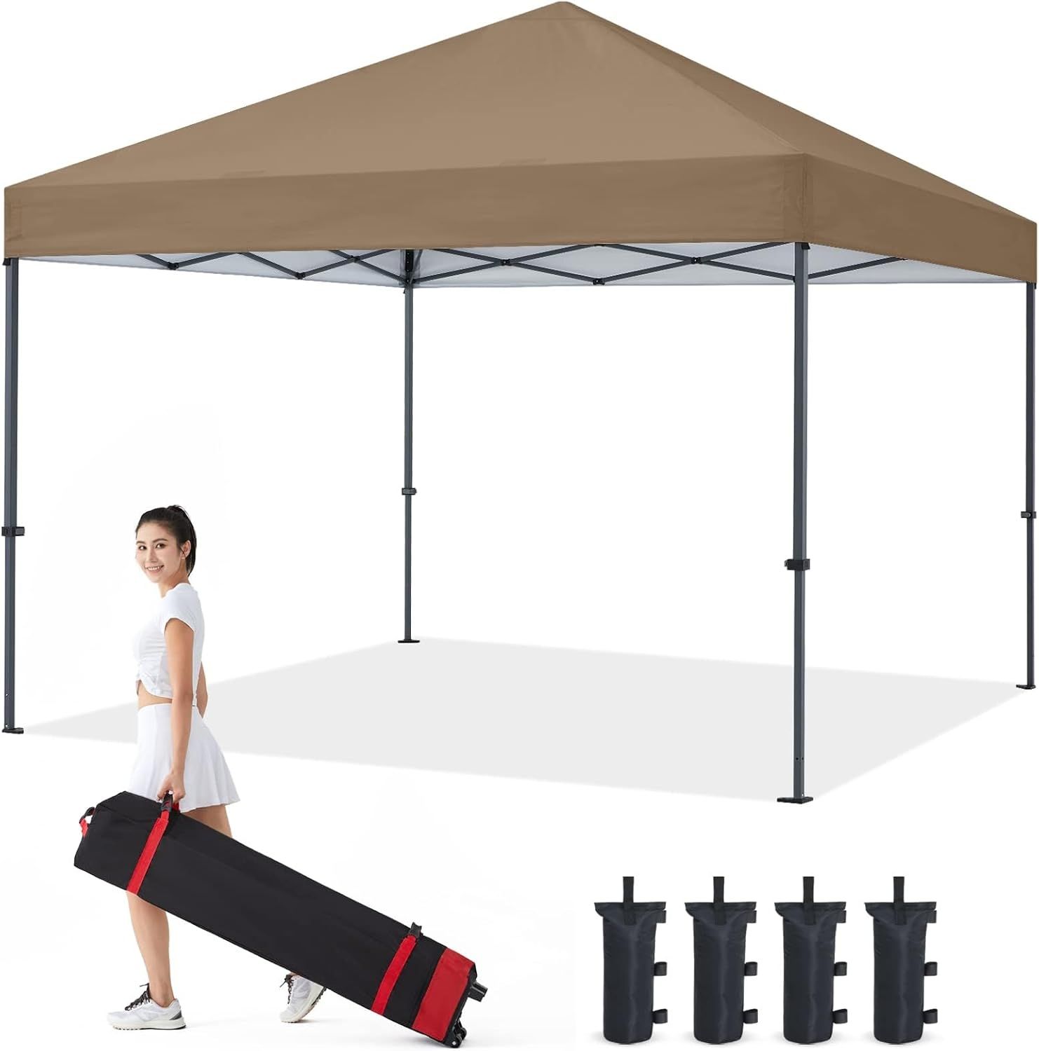 Khaki 10x10 Outdoor Pop-Up Canopy Tent with Sandbags