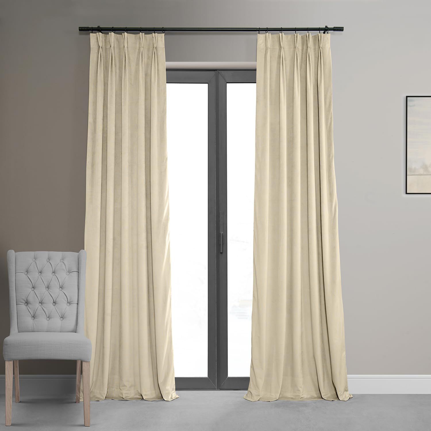 Alabaster Beige Velvet Blackout Pleated Curtain Panel 120"