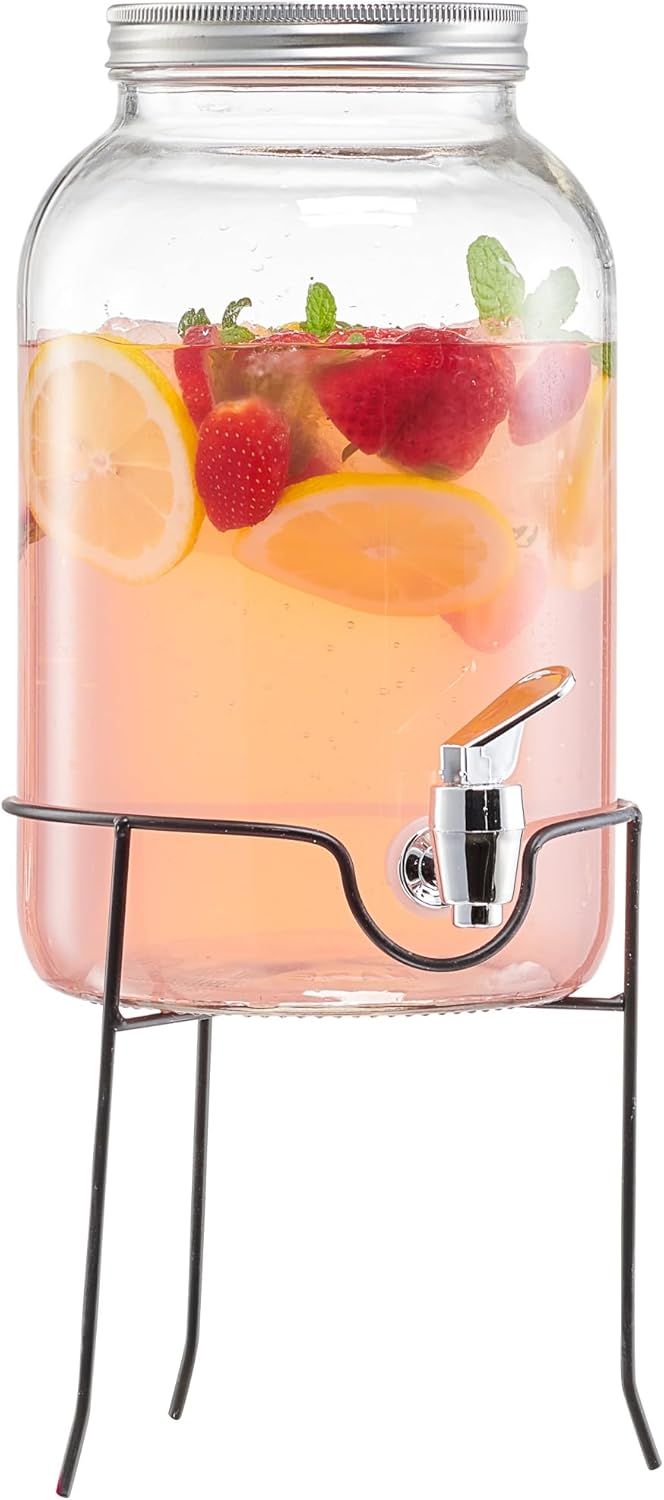 Clear Glass Beverage Dispenser with Metal Stand and Spigot