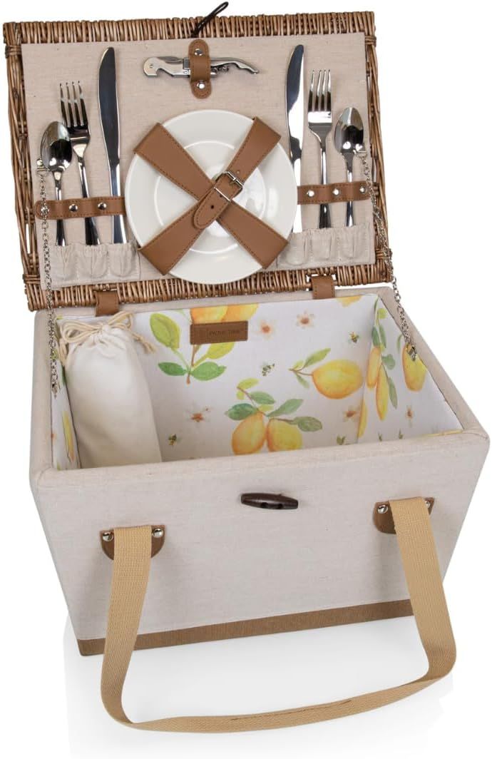 White and Lemon Pattern Willow Picnic Basket Set