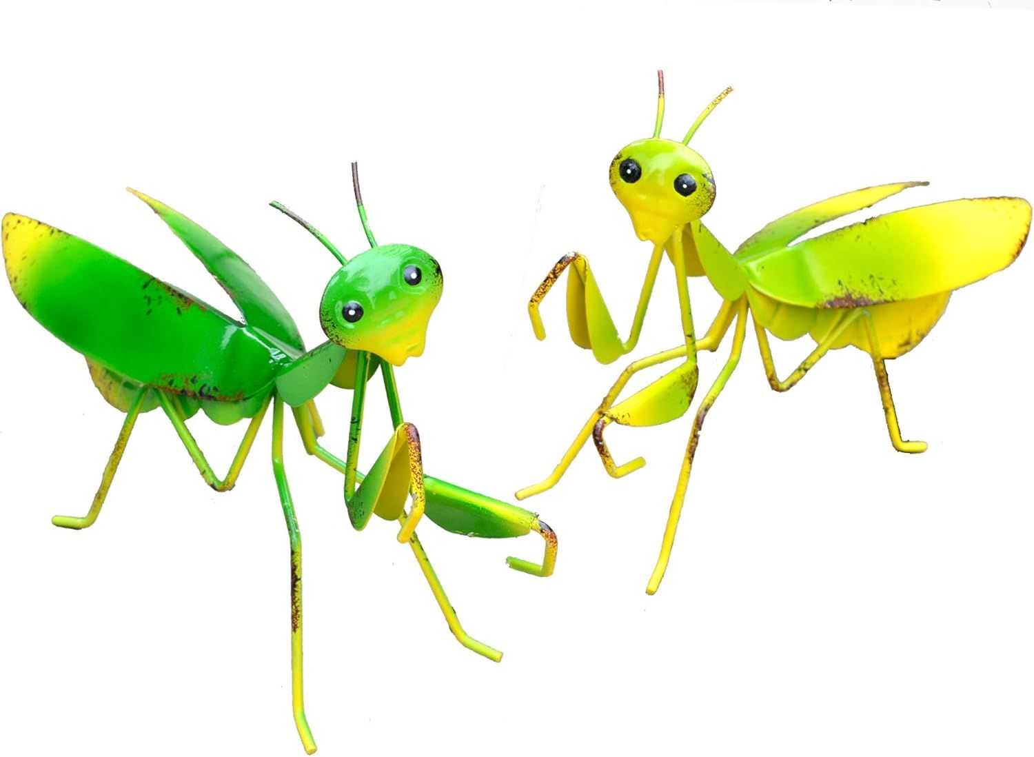 Vibrant Green and Yellow Metal Praying Mantis Garden Decor Set