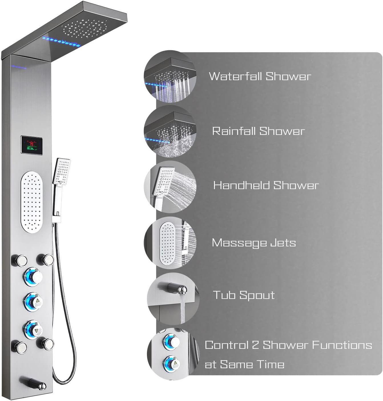 Brushed Nickel LED Shower Panel Tower with Adjustable Jets