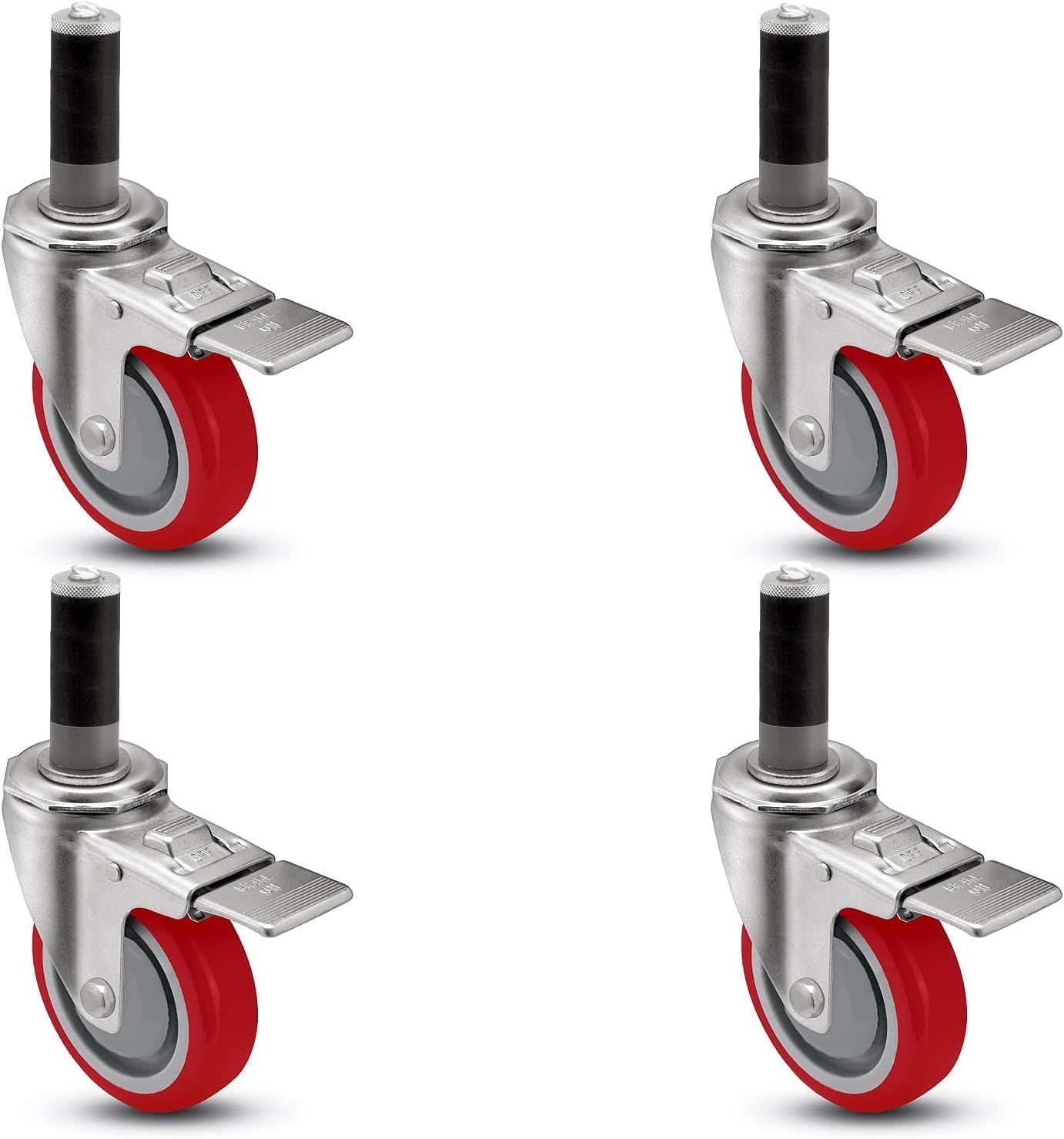 3-Inch Red and Gray Total Locking Caster Wheel Set