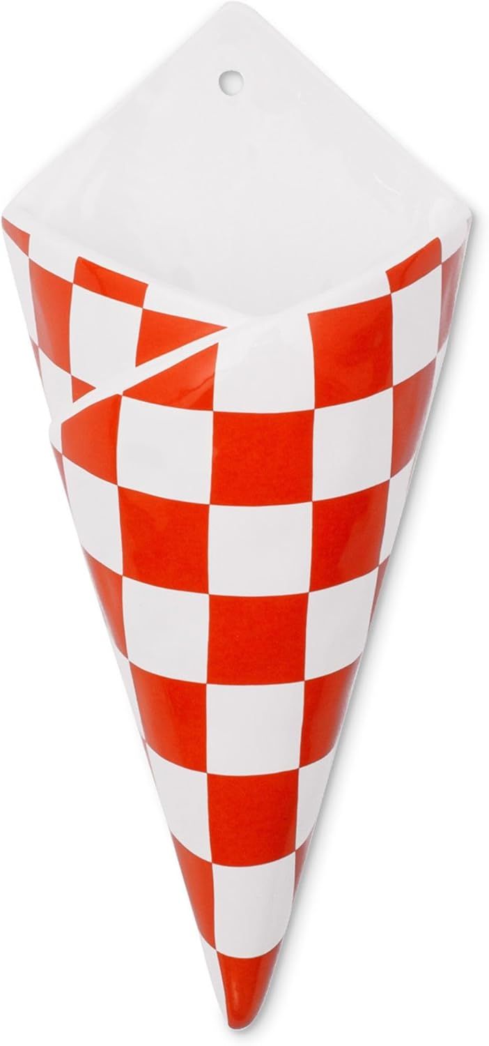 Red and White Checkered Ceramic Wall Vase