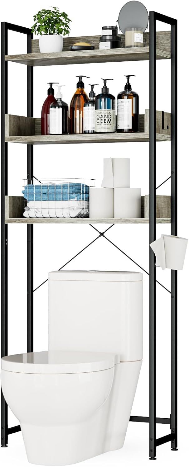 White Oak Freestanding Over-The-Toilet Storage Rack with Black Frame