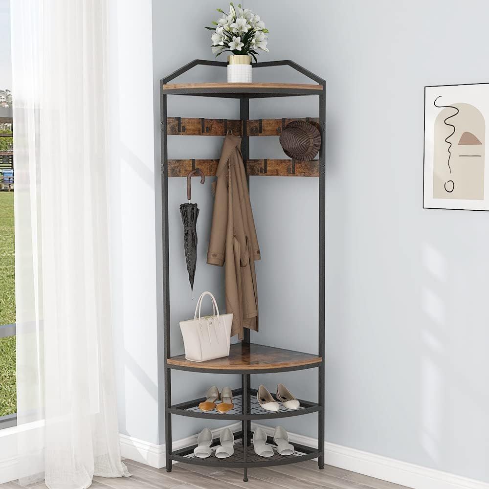 Rustic Brown L-Shaped Corner Hall Tree with Storage