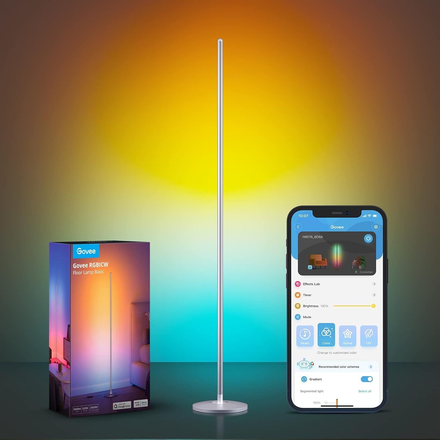 Silver Smart LED Floor Lamp with Music Sync and RGBIC Colors