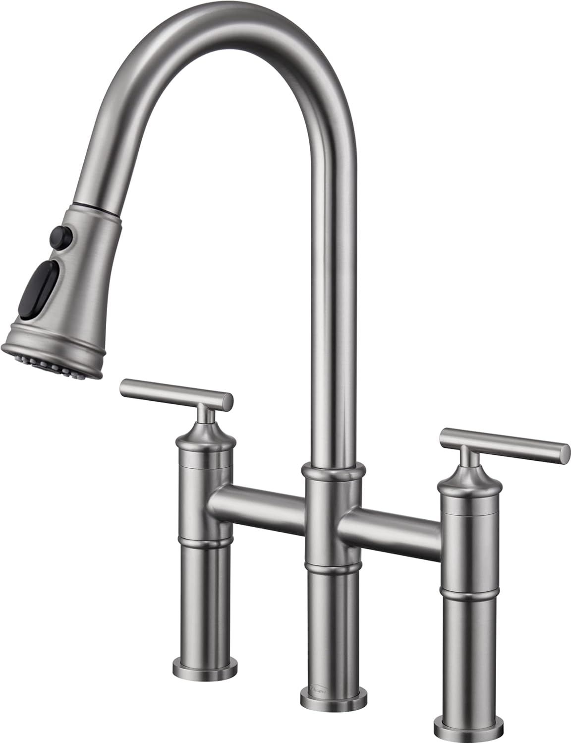 Brushed Nickel Double Handle Bridge Faucet with Pull-Down Sprayer