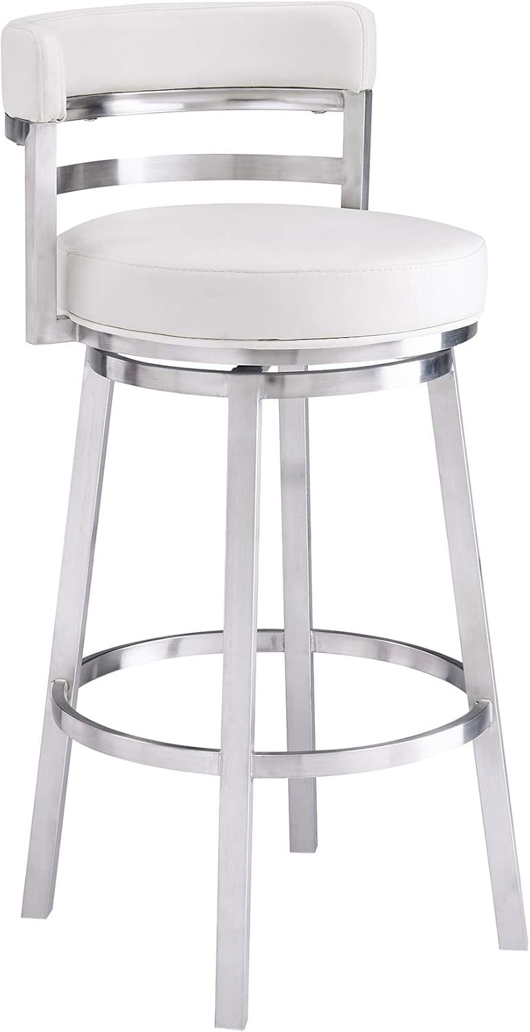 White Faux Leather and Stainless Steel Swivel Bar Stool