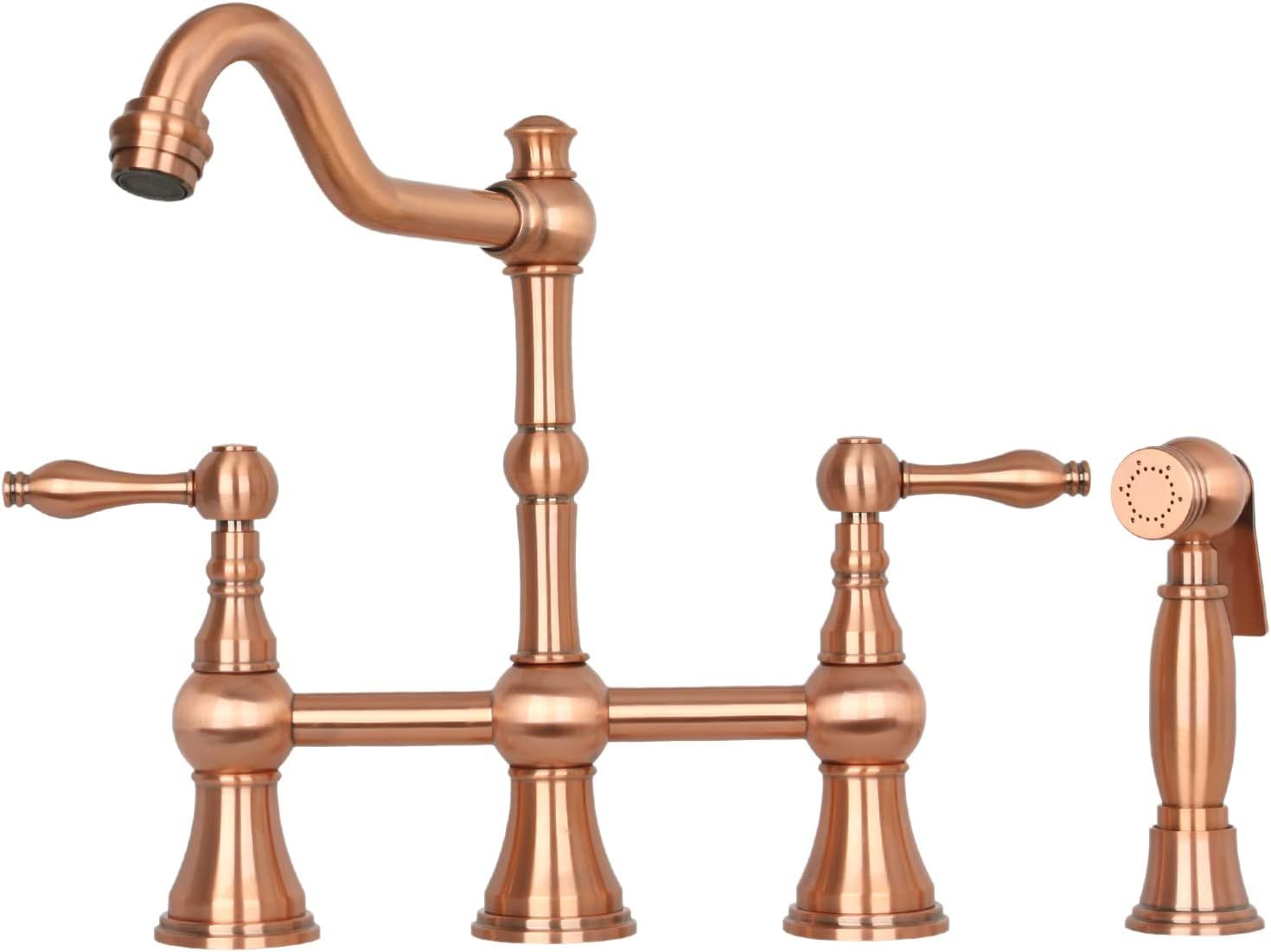 Double Handle Brushed Copper Bridge Kitchen Faucet with Sprayer