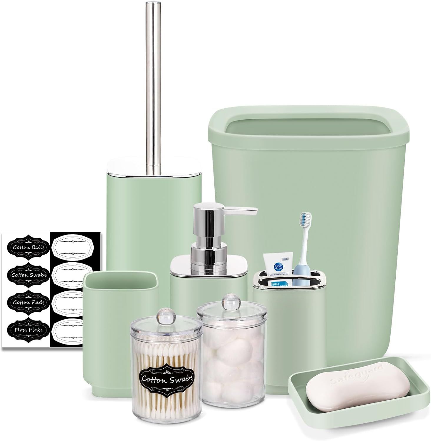 Green Plastic 9-Piece Bathroom Accessories Set with Labels