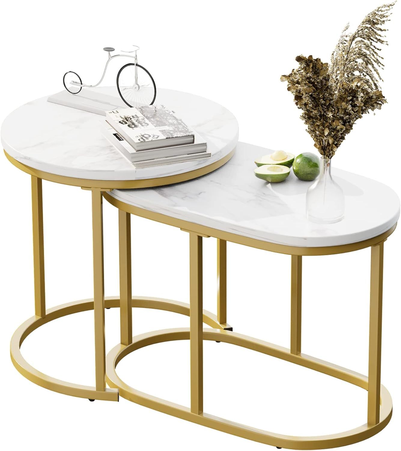 Modern Round White Marble and Gold Nesting Coffee Table Set