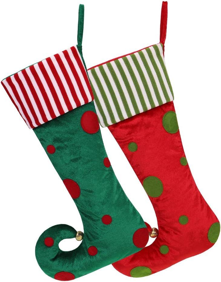 Festive Elf Pattern Red and Green Christmas Stockings with Faux Fur Cuff, 21in