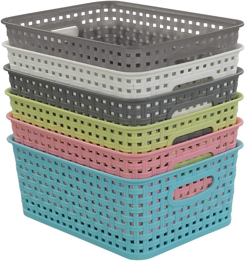 Multicolor Plastic Weave Rectangular Storage Baskets Set of 6