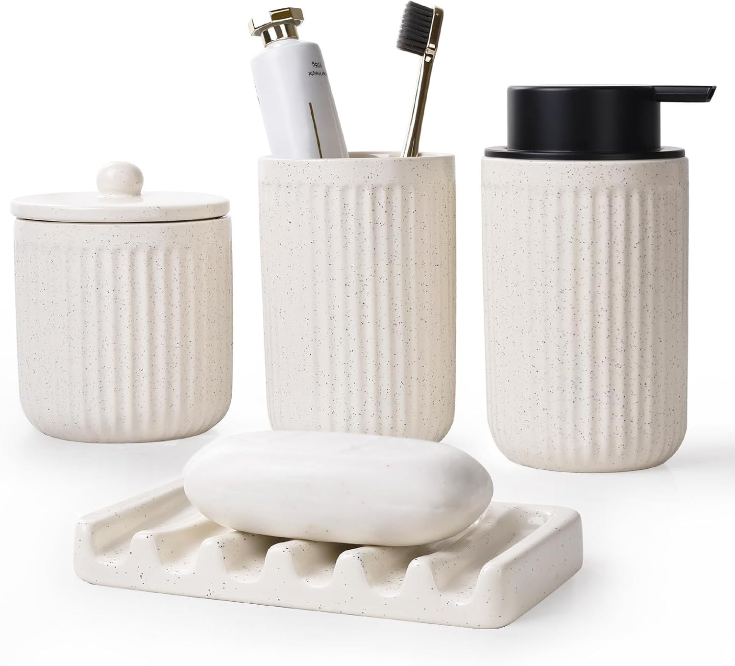 Beige Ceramic Bathroom Accessory Set with Metal Accents