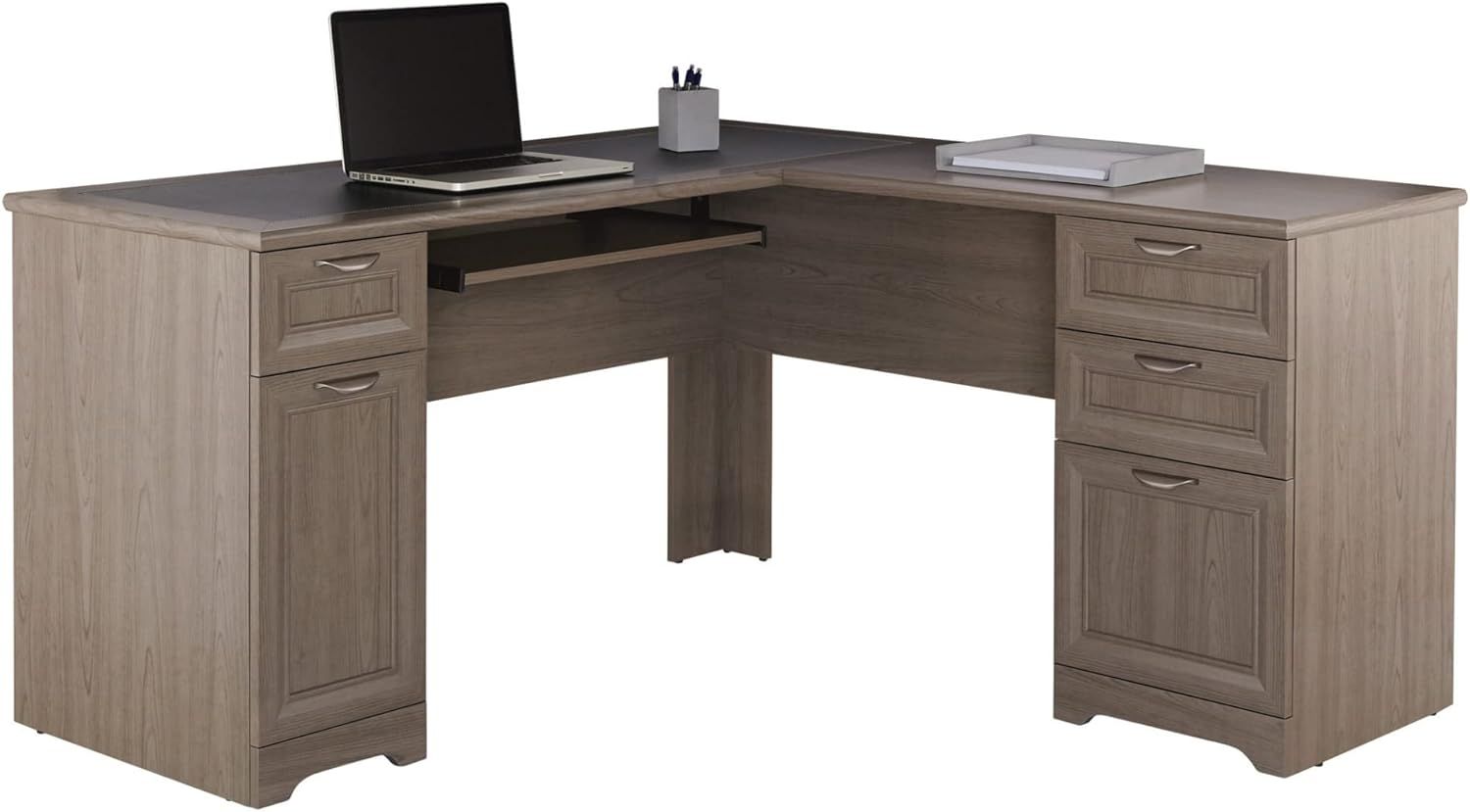 Modern Gray L-Shaped Corner Computer Desk with Keyboard Tray and Drawers