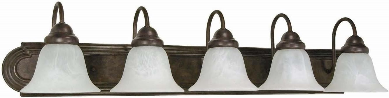 Bronze 36'' Five-Light Vanity Fixture with Alabaster Glass Shades