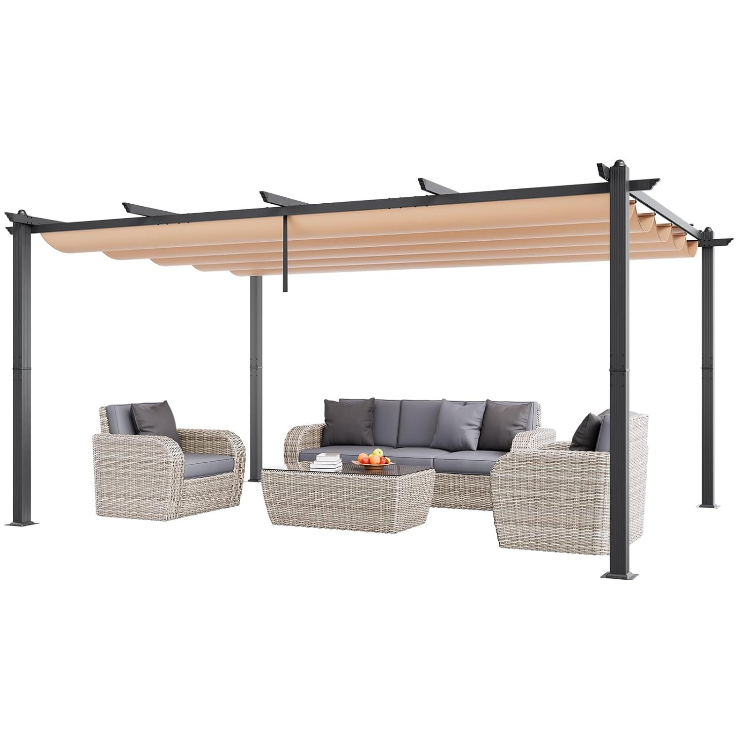 Beige Aluminum Outdoor Pergola with Retractable Canopy