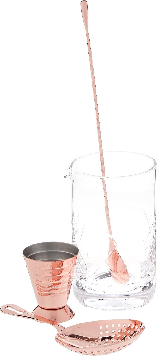 Copper and Pink 17 oz Cocktail Mixing Set with Strainer and Jigger