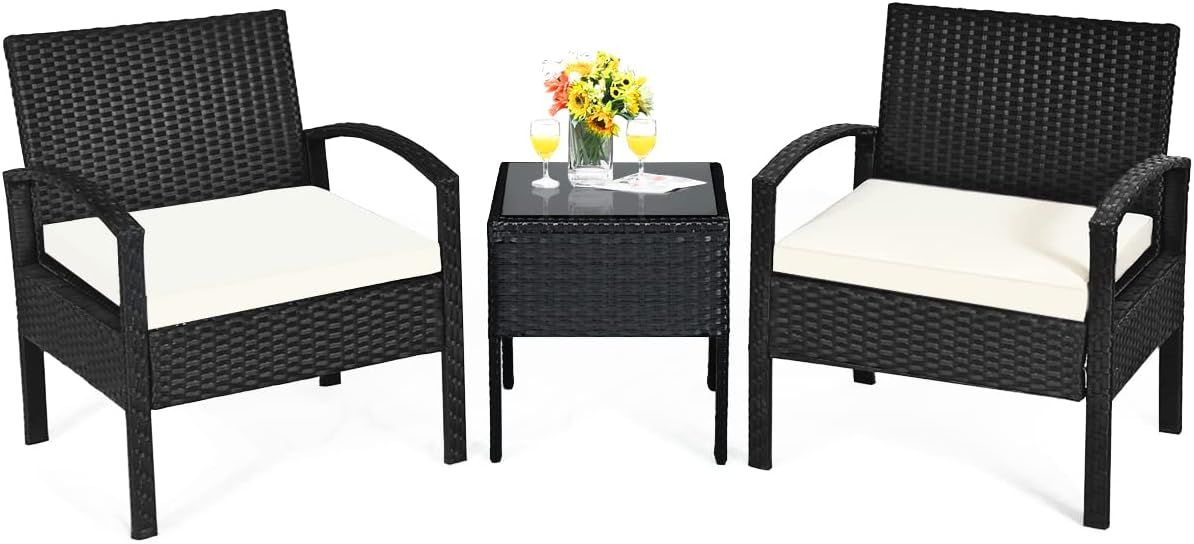 Black Steel 3-Piece Patio Conversation Set with Beige Cushions