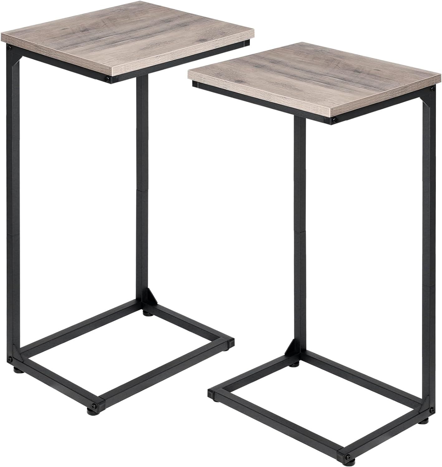 Set of 2 Grey C-Shaped End Tables with Shelves and Power Outlets