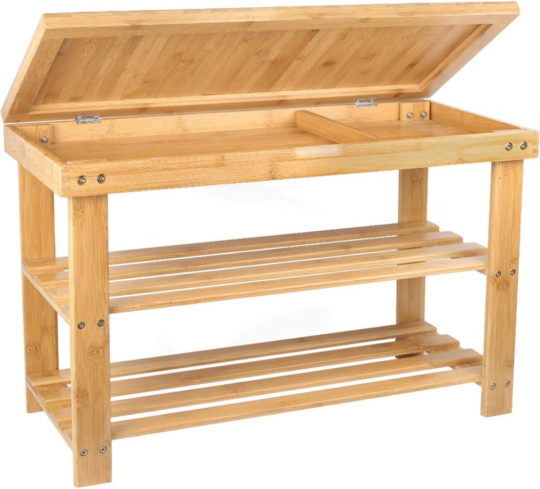 Natural Bamboo Shoe Rack Storage Bench with Drawer