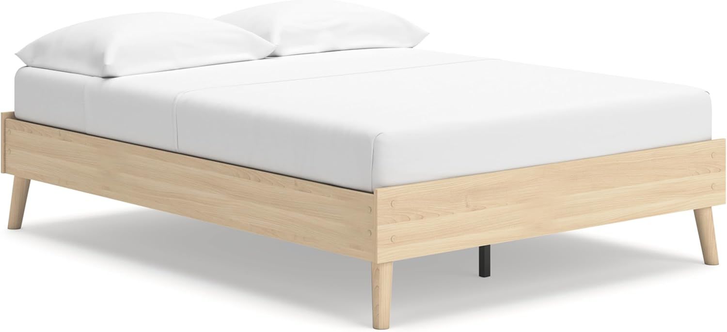 Light Brown Full Platform Bed with Wood Frame and Storage