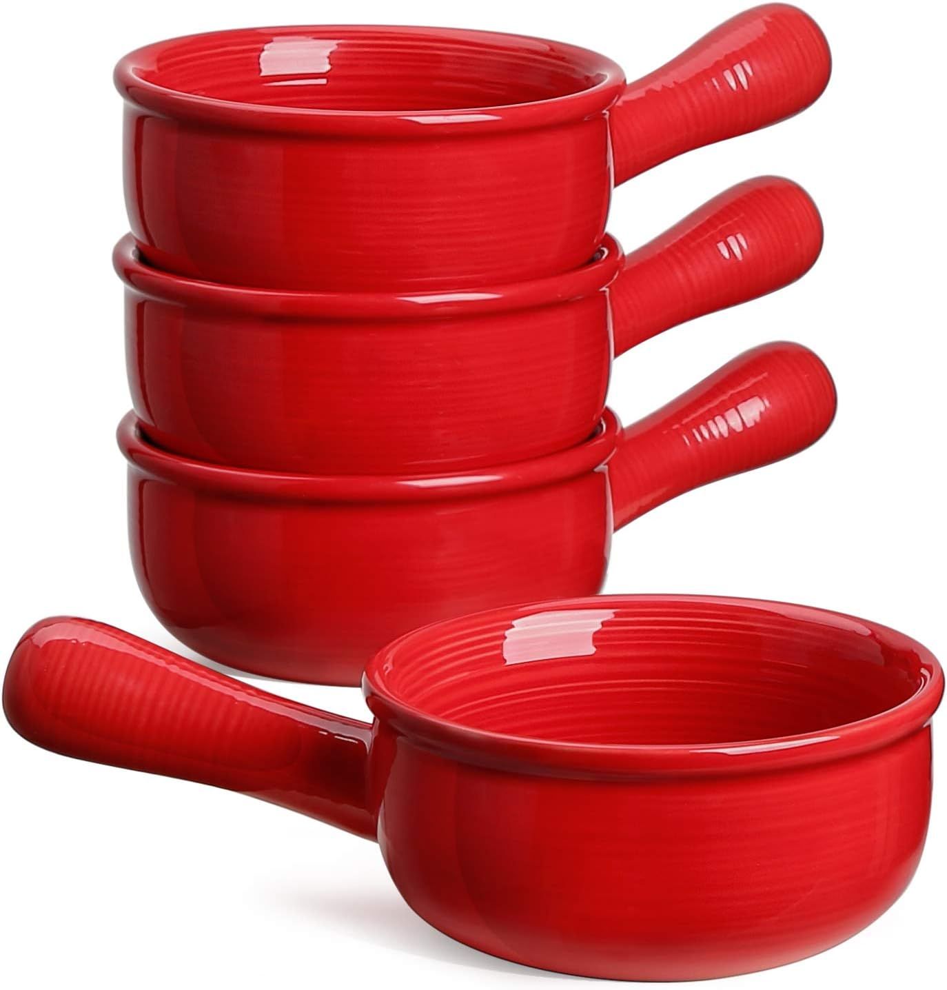 Red Ceramic 15 oz Soup Bowls with Handles, Set of 4