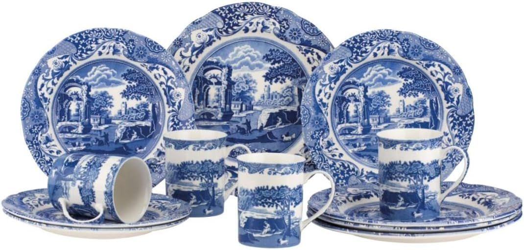 Blue Italian 12-Piece Porcelain Dinnerware Set with Scenic Design