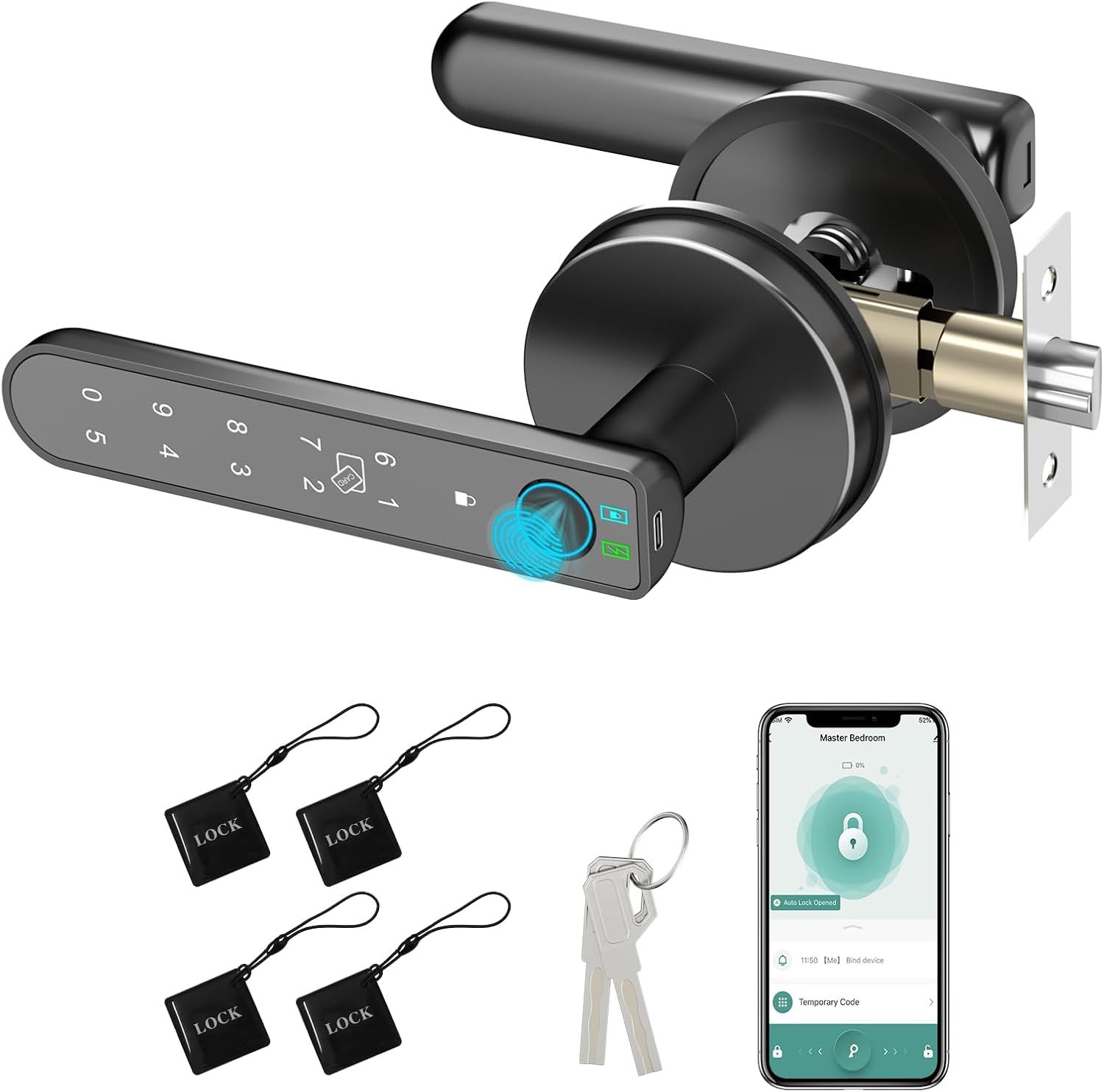 Black Smart Fingerprint Door Lock with Keypad and App Control