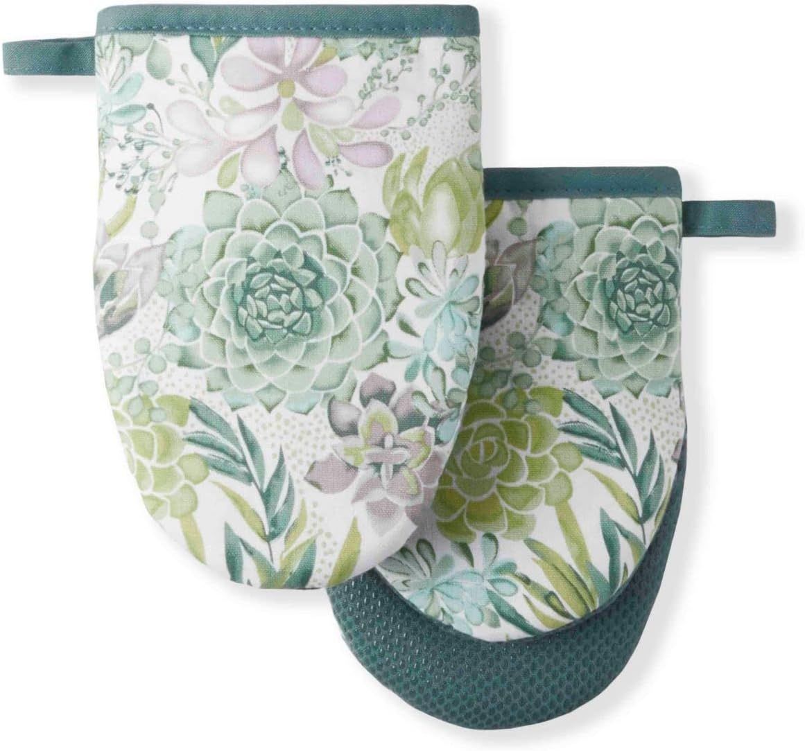 Green Succulent Print Cotton Silicone Oven Mitts, 2-Piece Set