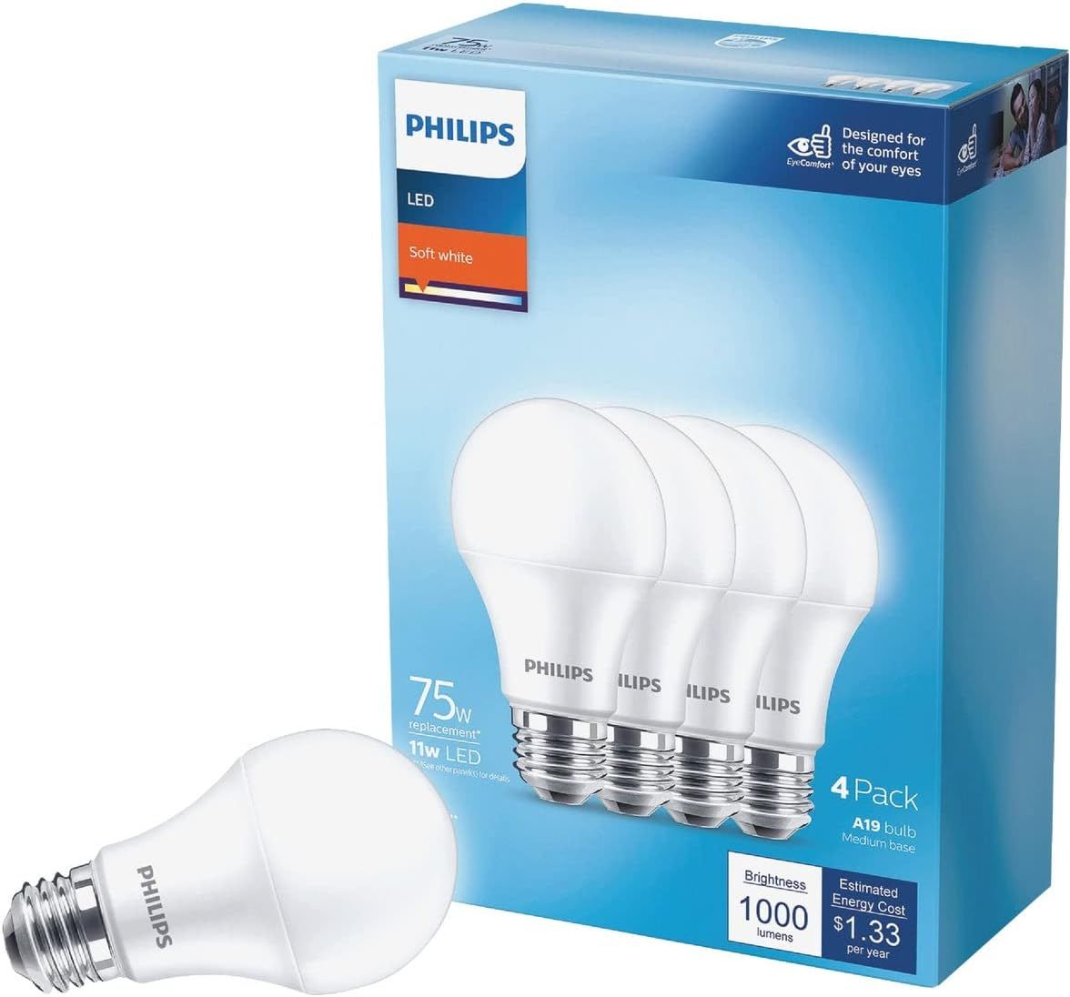 Philips Soft White Dimmable LED A19 Light Bulb Pack