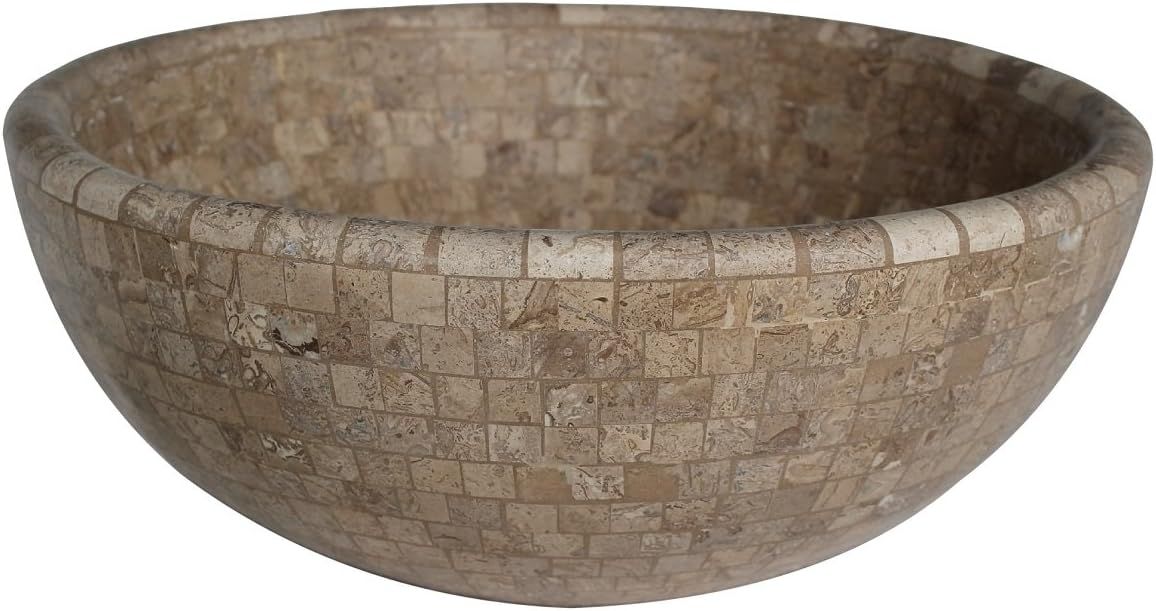 Almond Brown Round Travertine Mosaic Vessel Sink