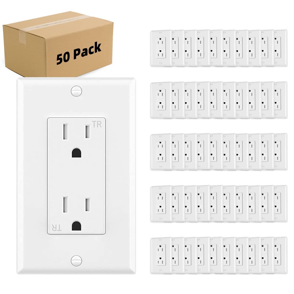 White Thermoplastic Tamper Resistant Duplex Outlet with Wall Plate, 50 Pack