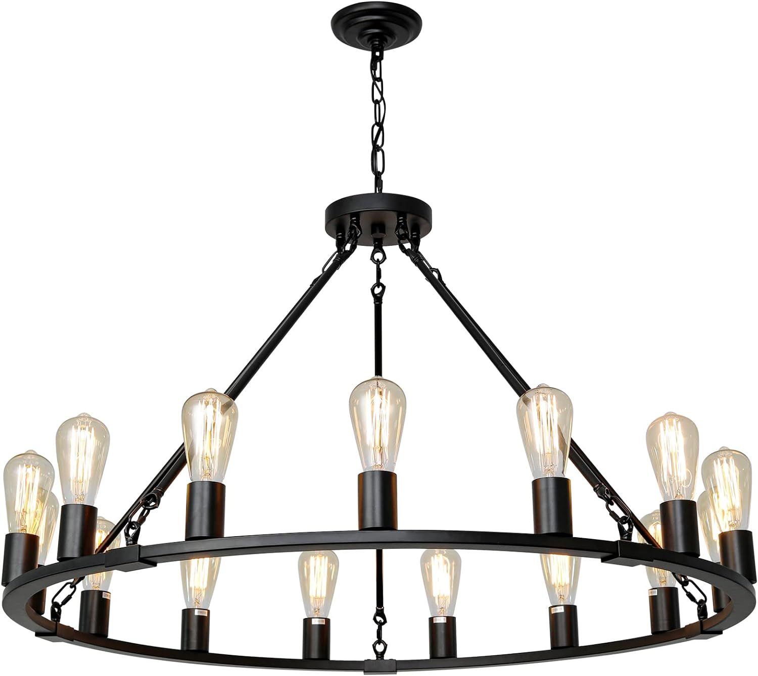 Black Metal 40'' Round Wagon Wheel Chandelier with 15 Lights