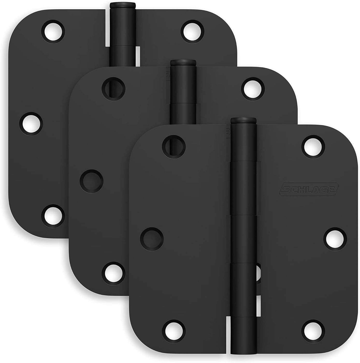 Matte Black 3.5" Steel Door Hinges with 5/8" Radius (3-Pack)