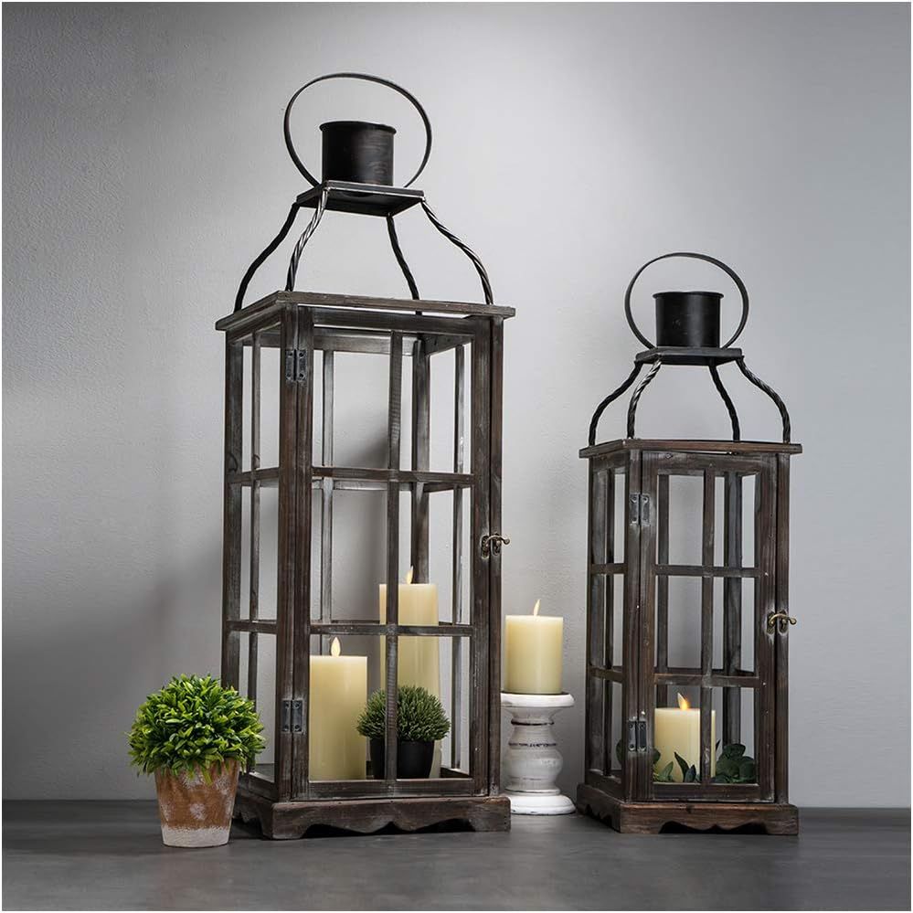 Rustic Farmhouse Wood Candle Lantern Set for Tabletop Decor