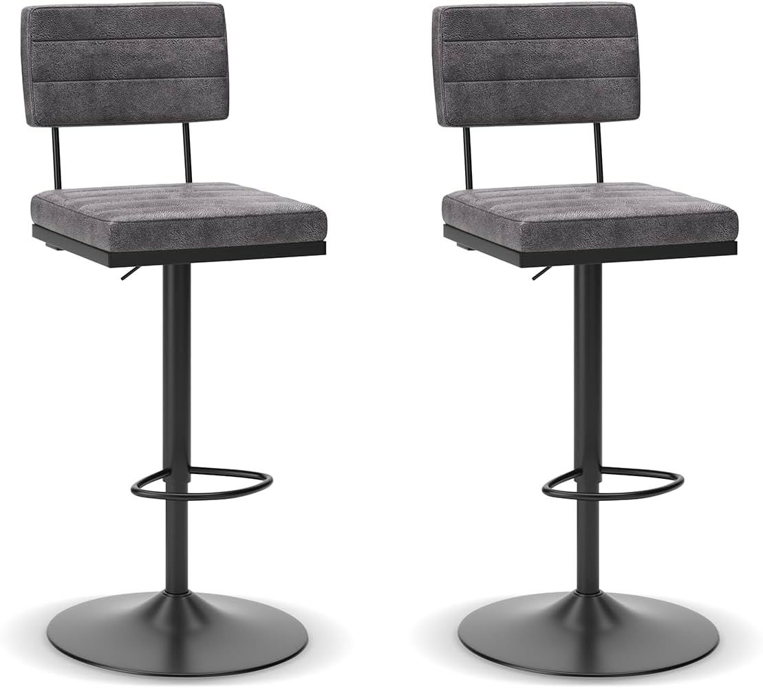 Gray Faux Leather Adjustable Swivel Bar Stools with Black Metal Base, Set of 2