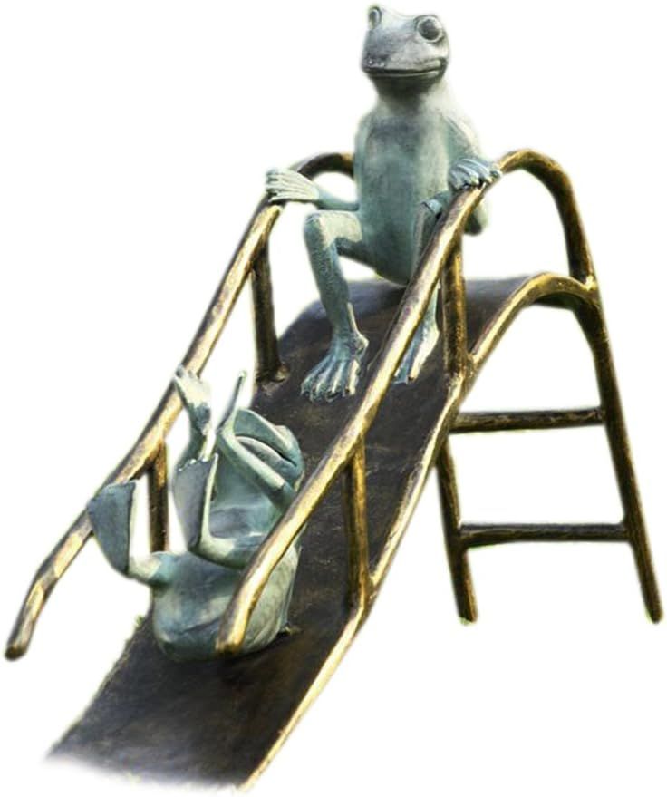 Traditional Bronze and Verdigris Frog Slide Garden Sculpture