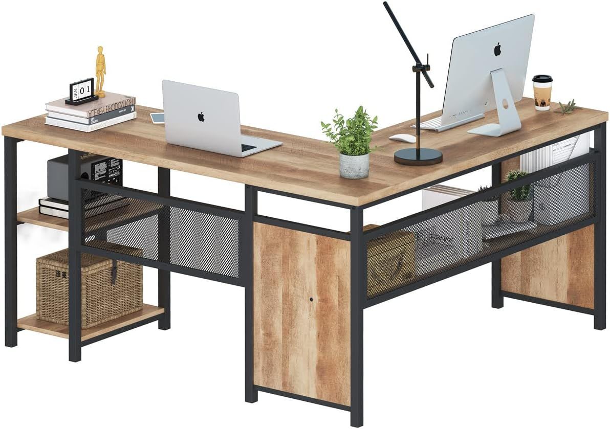 Rustic Oak and Black L-Shaped Corner Computer Desk with Shelves