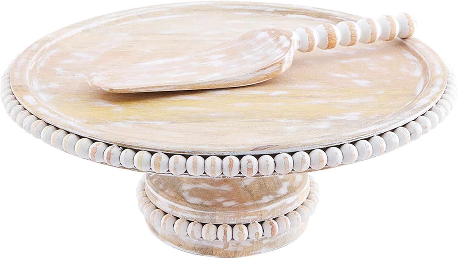 Whitewashed Beaded Mango Wood Pedestal Cake Stand Set