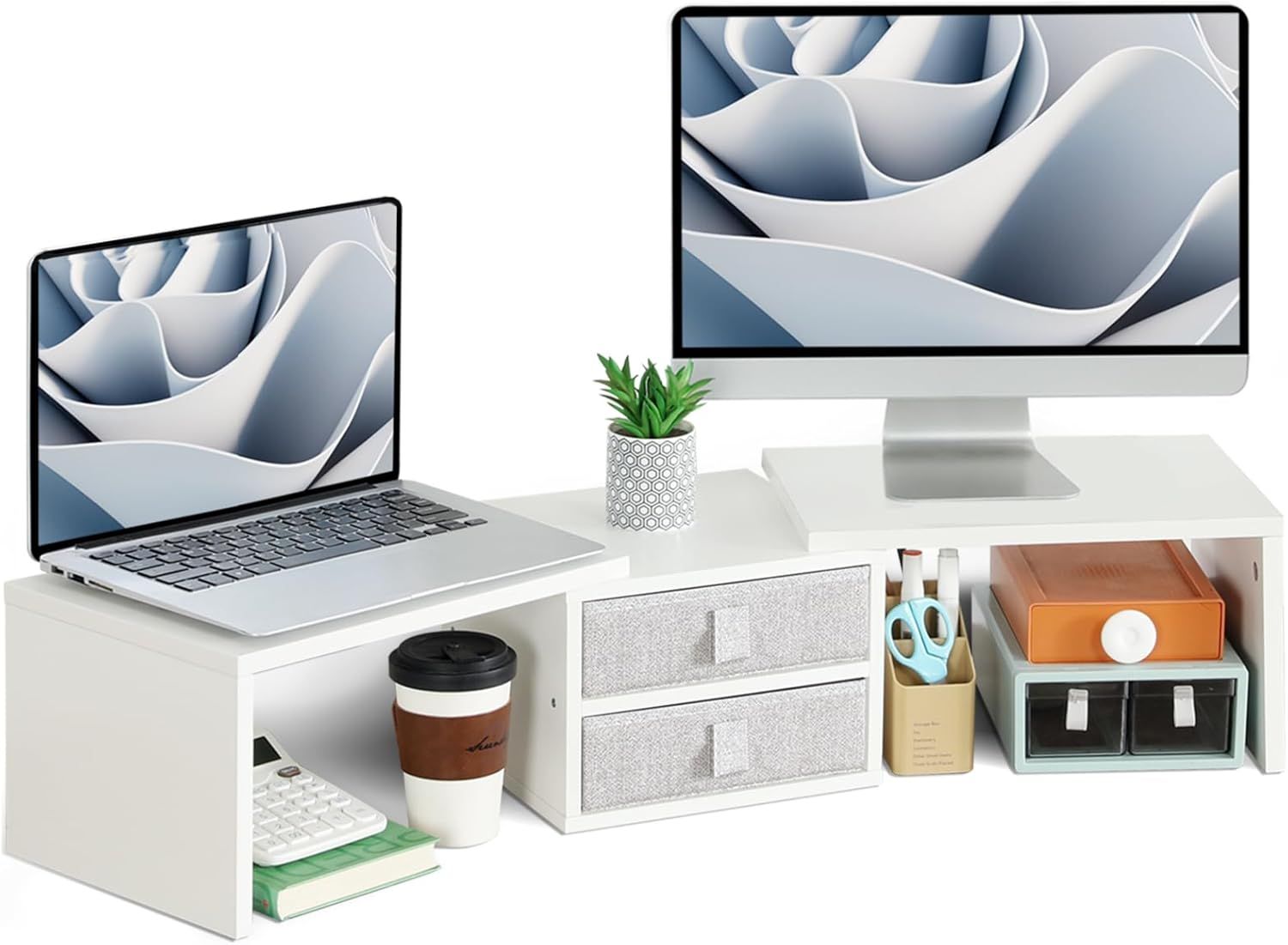 White Adjustable Dual Monitor Stand with Storage Drawers