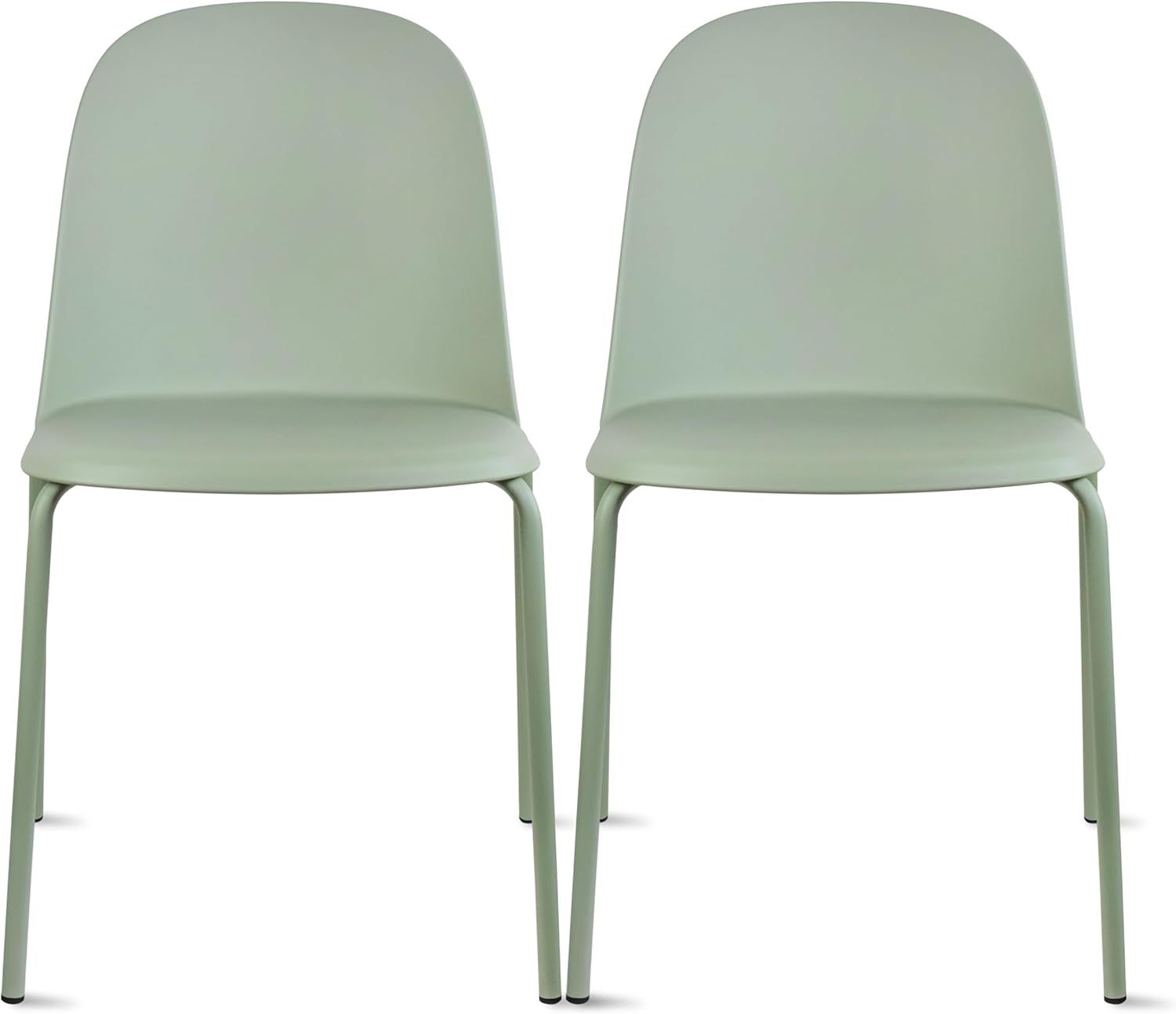 Set of 2 Green Armless Plastic Dining Chairs with Metal Legs