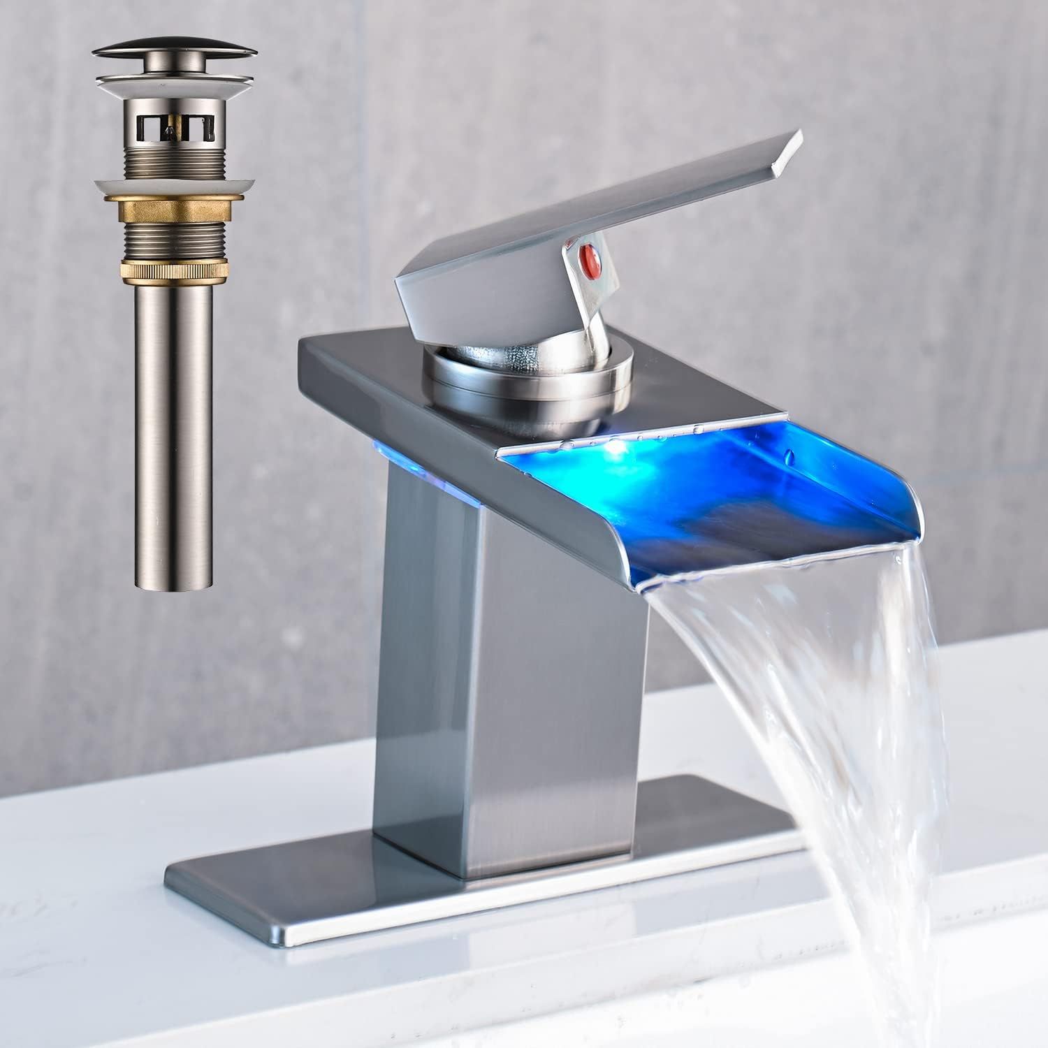 Brushed Nickel LED Waterfall Bathroom Faucet with Pop-Up Drain