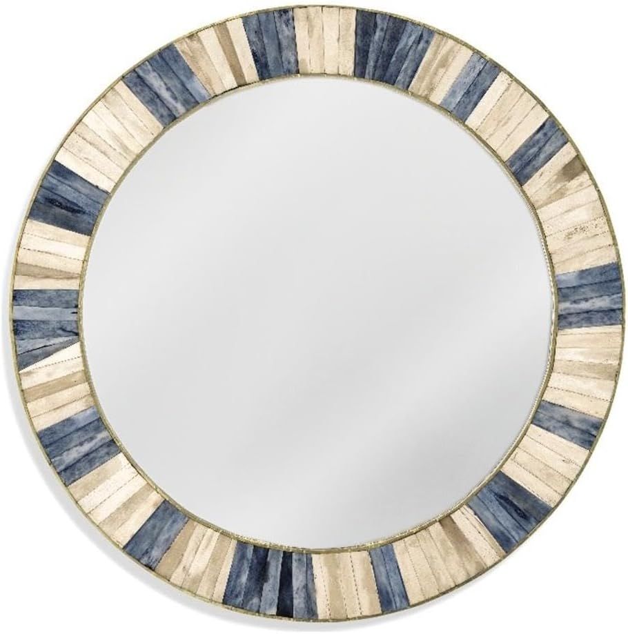 Round Blue and Beige Bone Wall Mirror with Brass Accents